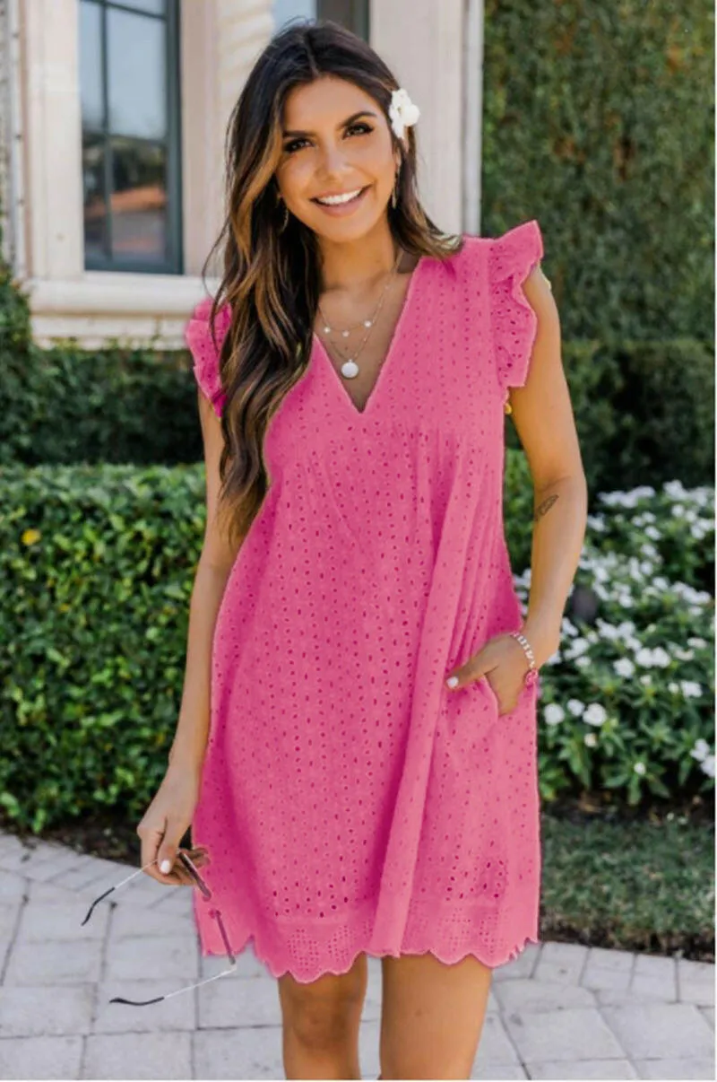 New Lace Jacquard Hollow V-Neck Dress Women With Pockets