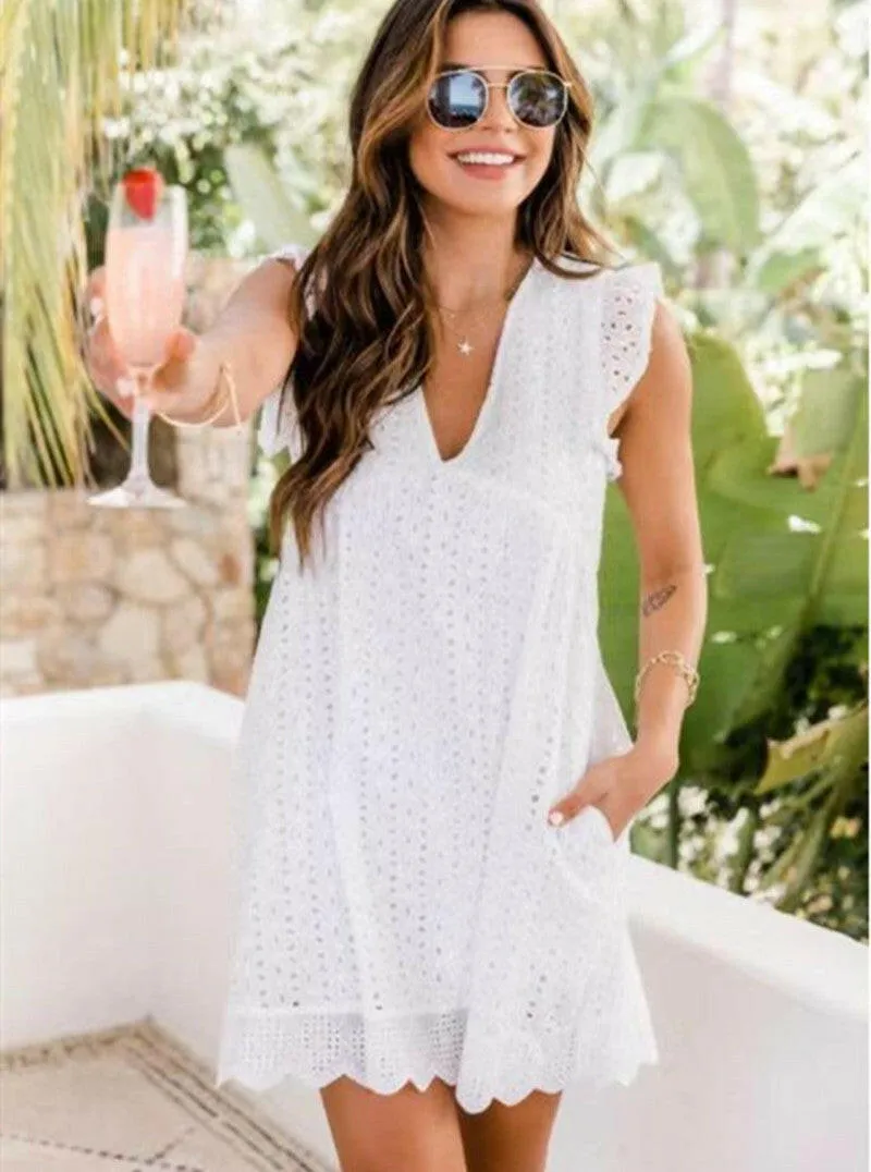 New Lace Jacquard Hollow V-Neck Dress Women With Pockets