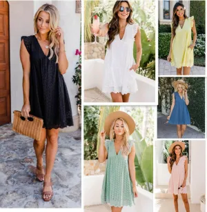 New Lace Jacquard Hollow V-Neck Dress Women With Pockets