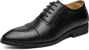 New Oxford Shoes for Men Lace Up Brogue Embossed Cap Toe Burnished Toe PU Leather Rubber Sole Low Top Block Heel Anti-Slip Party
