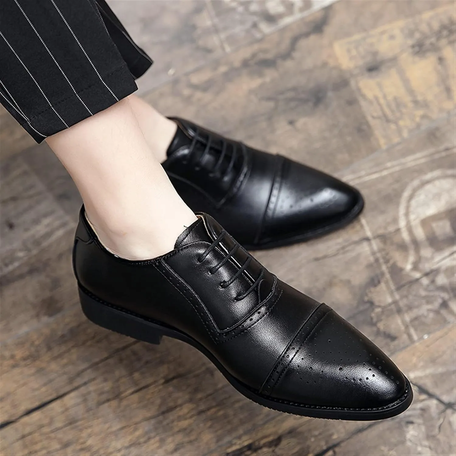 New Oxford Shoes for Men Lace Up Brogue Embossed Cap Toe Burnished Toe PU Leather Rubber Sole Low Top Block Heel Anti-Slip Party