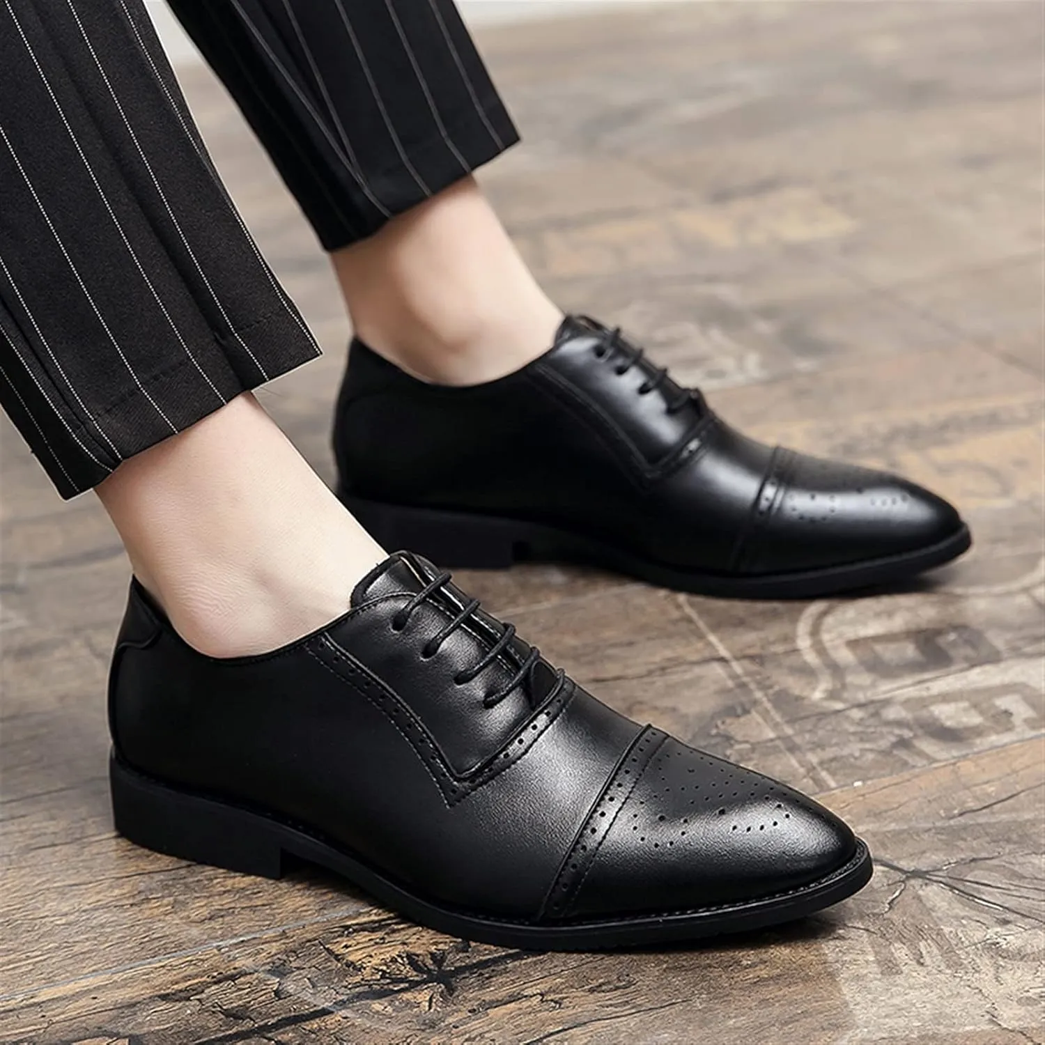 New Oxford Shoes for Men Lace Up Brogue Embossed Cap Toe Burnished Toe PU Leather Rubber Sole Low Top Block Heel Anti-Slip Party