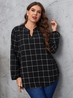 Notched Neck Plus Size Long Sleeve Blouse