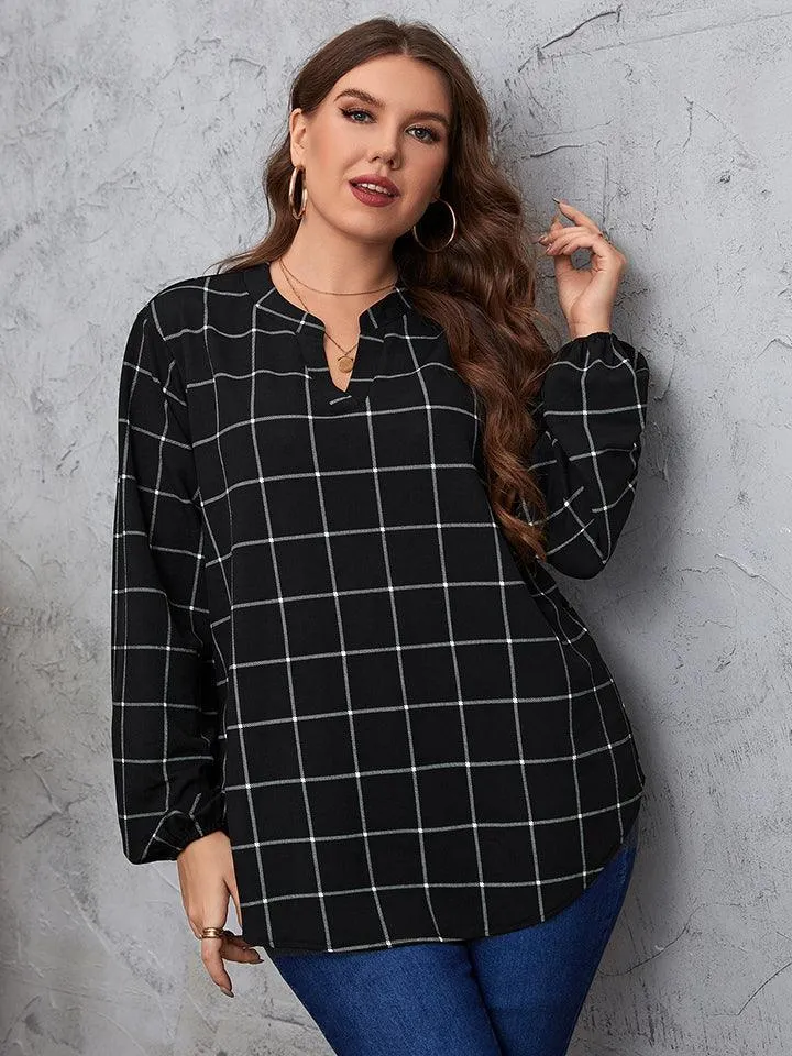 Notched Neck Plus Size Long Sleeve Blouse