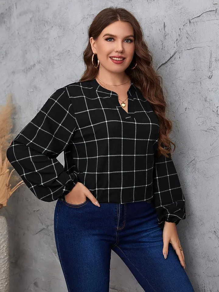 Notched Neck Plus Size Long Sleeve Blouse