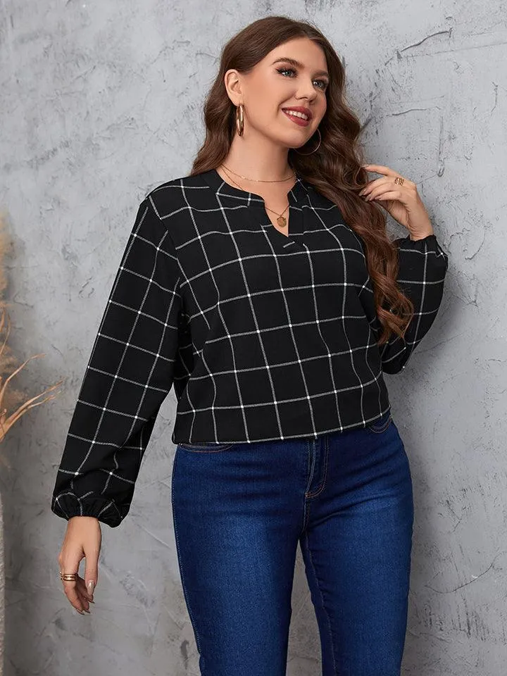 Notched Neck Plus Size Long Sleeve Blouse