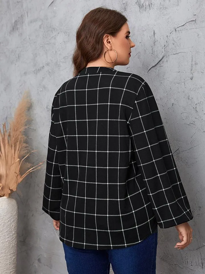 Notched Neck Plus Size Long Sleeve Blouse
