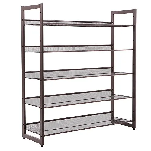 SONGMICS 5-Tier Metal Shoe Rack Adjustable to Flat or Slant Shoe Organizer Holder Stand Shelves Stackable for Entryway Bedroom Bronze ULMR05A