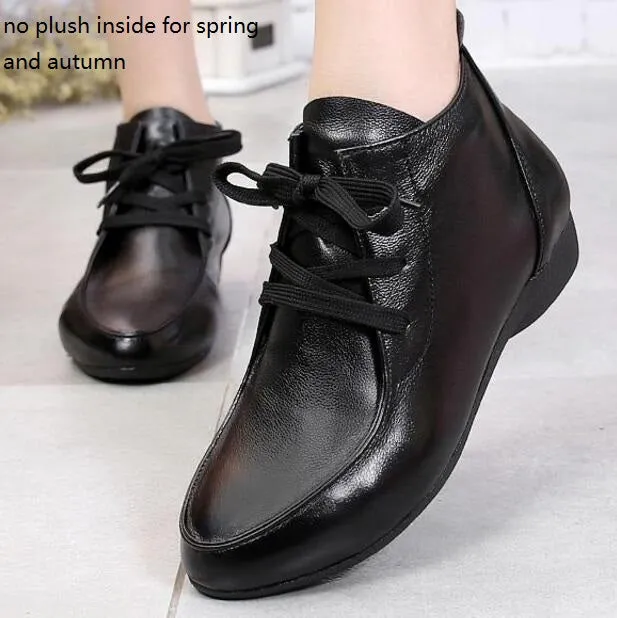 Spring and Autumn Ankle Boots Genuine Leather Boots Casual Boots Lace Up Women Shoes Leather Winter