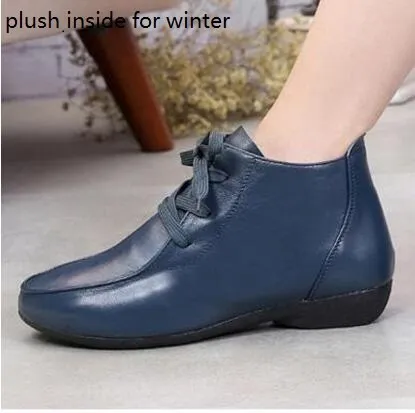 Spring and Autumn Ankle Boots Genuine Leather Boots Casual Boots Lace Up Women Shoes Leather Winter