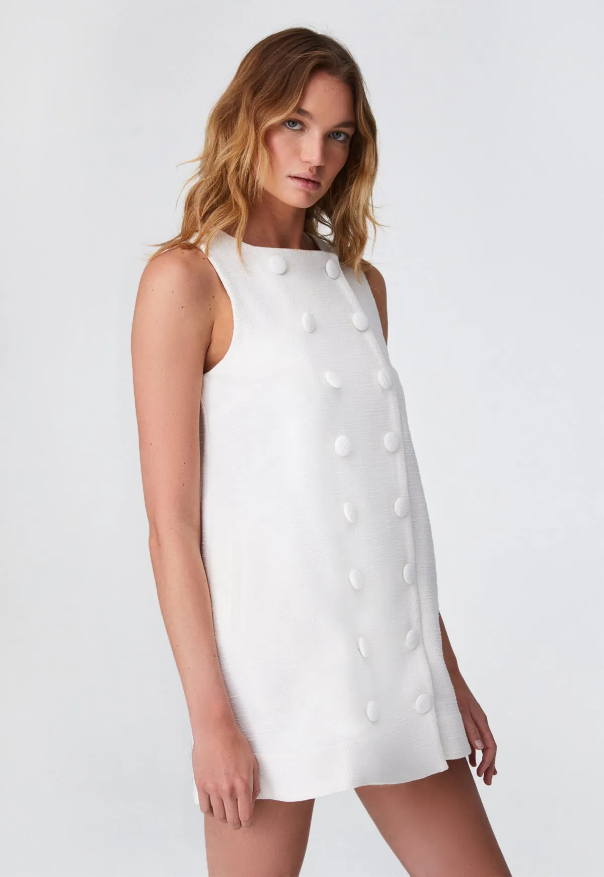 THE DOUBLE BREASTED MINI DRESS in WHITE TEXTURED COTTON
