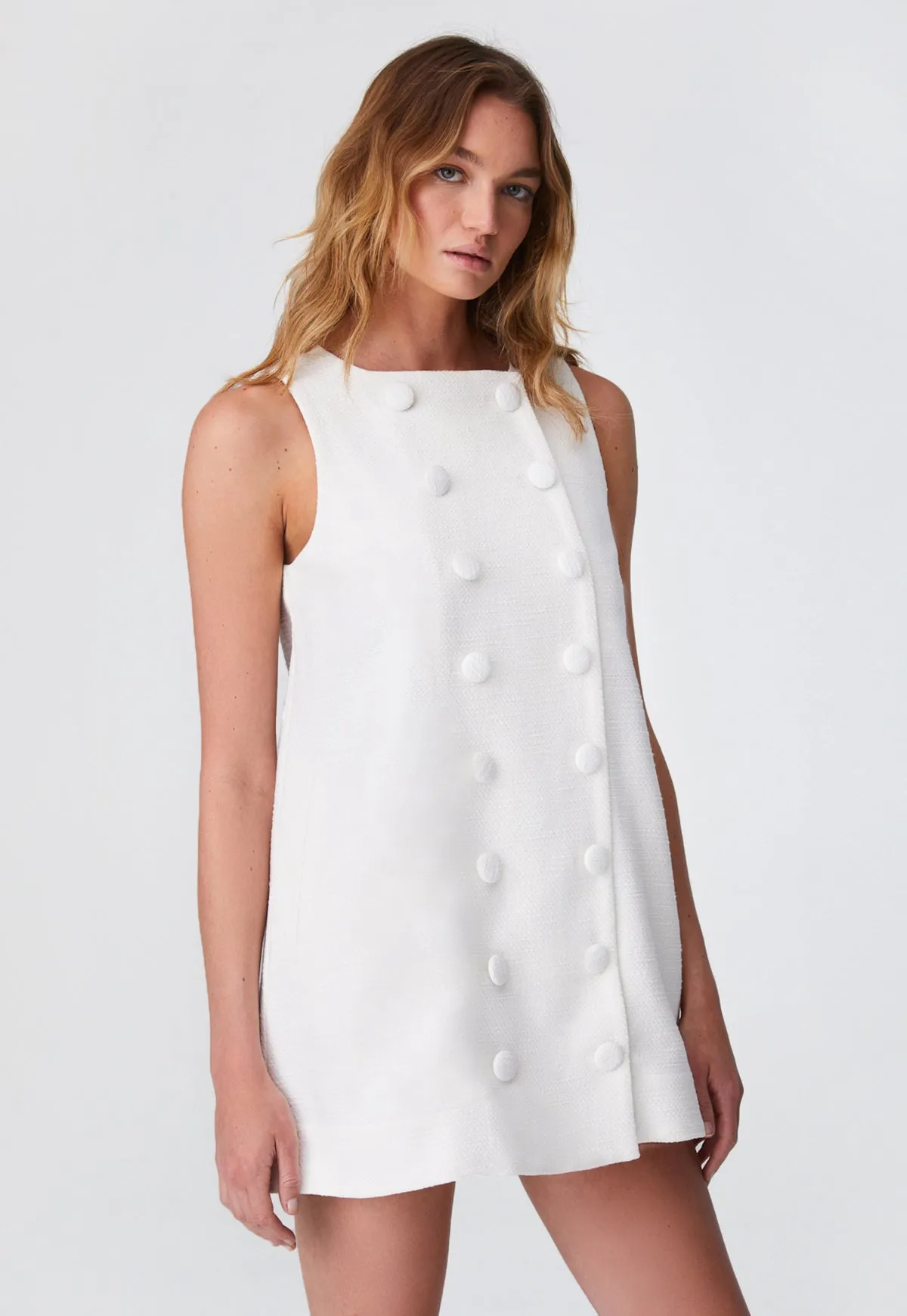 THE DOUBLE BREASTED MINI DRESS in WHITE TEXTURED COTTON
