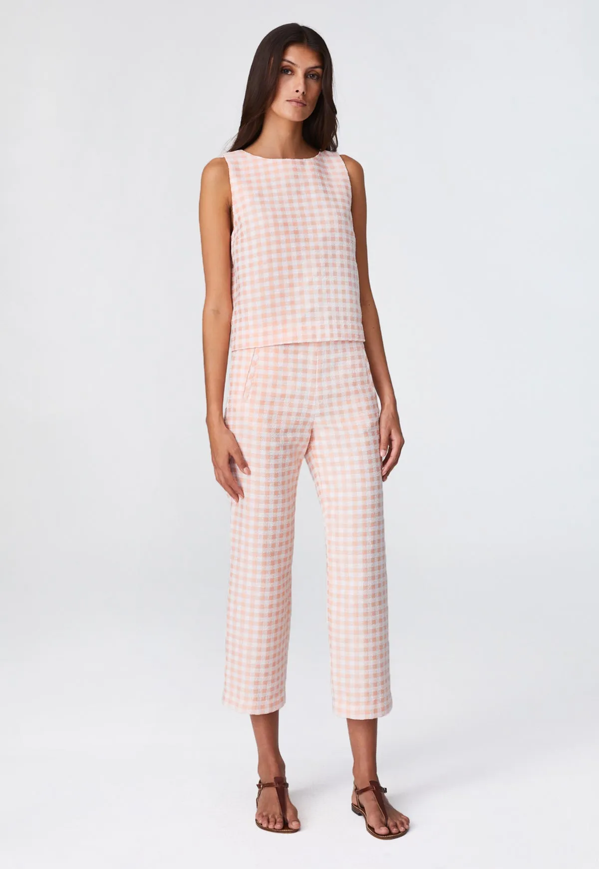 THE STRAIGHT LEG TROUSER in CORAL GINGHAM BOUCLE COTTON