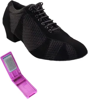 Very Fine Dance Shoes - Heel Dance Sneakers Latin Tango Salsa Dance Shoes for Women - 705LEDSS - 1.5-inch Heel and Foldable Brush Bundle - Black Nubuck - Black Knit Mesh - 7