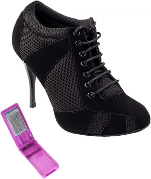 Very Fine Dance Shoes - Heel Dance Sneakers Latin Tango Salsa Dance Shoes for Women - 705LEDSS - 3.5-inch Heel and Foldable Brush Bundle - Black Nubuck - Black Knit Mesh - 9