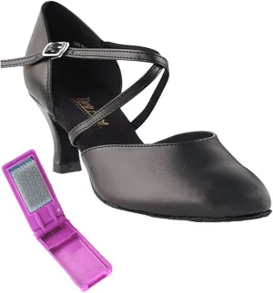 Very Fine Dance Shoes - Ladies Latin, Rhythm, Salsa, Waltz, Wedding Dance Shoes - 9691-2.5-inch Heel and Foldable Brush Bundle - Black Leather - 6