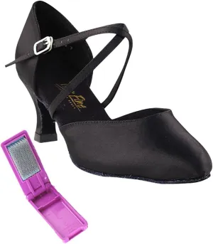 Very Fine Dance Shoes - Ladies Latin, Rhythm, Salsa, Waltz, Wedding Dance Shoes - 9691-2.5-inch Heel and Foldable Brush Bundle - Black Satin - 6.5