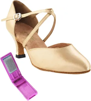 Very Fine Dance Shoes - Ladies Latin, Rhythm, Salsa, Waltz, Wedding Dance Shoes - 9691-2.5-inch Heel and Foldable Brush Bundle - Light Brown Satin - 9.5