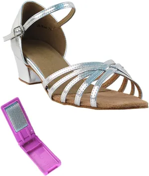 Very Fine Dance Shoes - Ladies Practice, Cuban Low Heel Ballroom Dance Shoes - 802-1.5-inch Heel and Foldable Brush Bundle - Silver Leather - 6.5