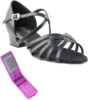 Very Fine Dance Shoes - Ladies Practice, Cuban Low Heel, Waltz Ballroom Dance Shoes - 1670C - 1.5-inch Heel and Foldable Brush Bundle - Black Leather - 9.5