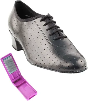 Very Fine Dance Shoes - Ladies Practice, Cuban Low Heel, Waltz Ballroom Dance Shoes - 2001-1.5-inch Heel and Foldable Brush Bundle - Black Perforated Leather - 6