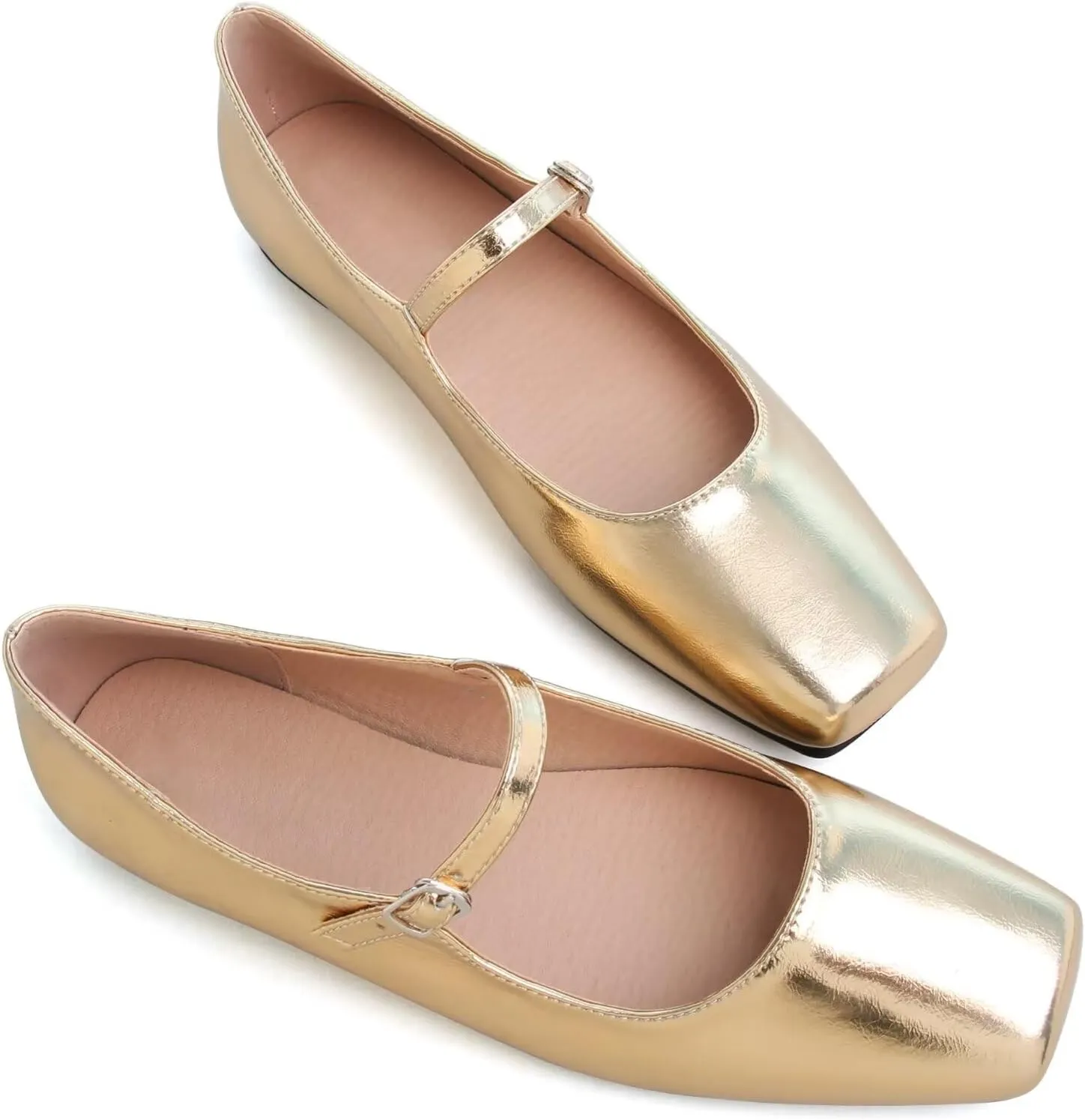 WENJIAZHIZHI Womens Squared Toe Mary Janes Adjustable Buckle Ballet Flats Solid Color Elegant Office Lady Low-Heels Wedding Dressy Shoes