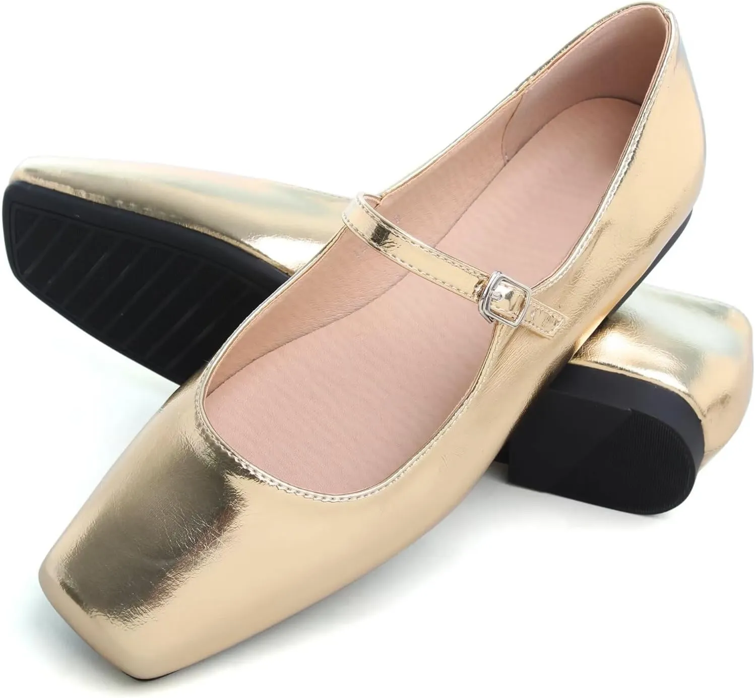 WENJIAZHIZHI Womens Squared Toe Mary Janes Adjustable Buckle Ballet Flats Solid Color Elegant Office Lady Low-Heels Wedding Dressy Shoes