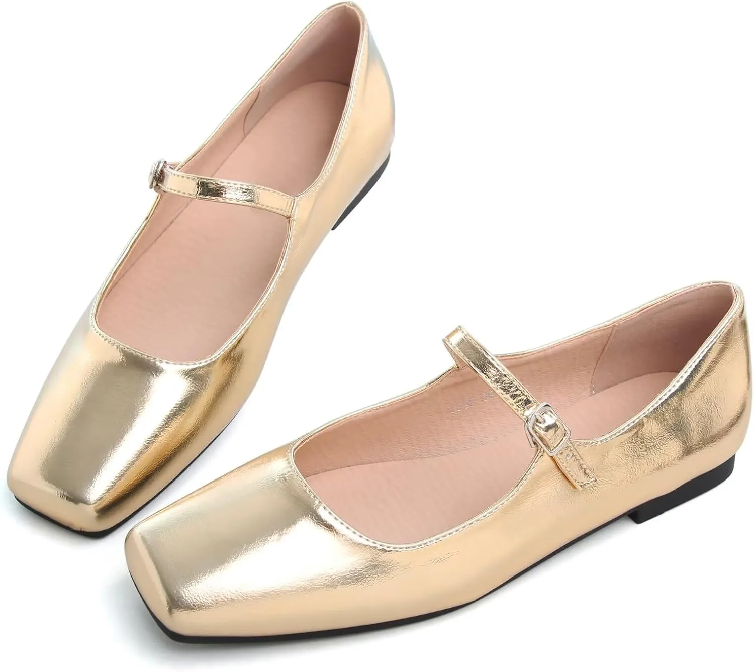 WENJIAZHIZHI Womens Squared Toe Mary Janes Adjustable Buckle Ballet Flats Solid Color Elegant Office Lady Low-Heels Wedding Dressy Shoes