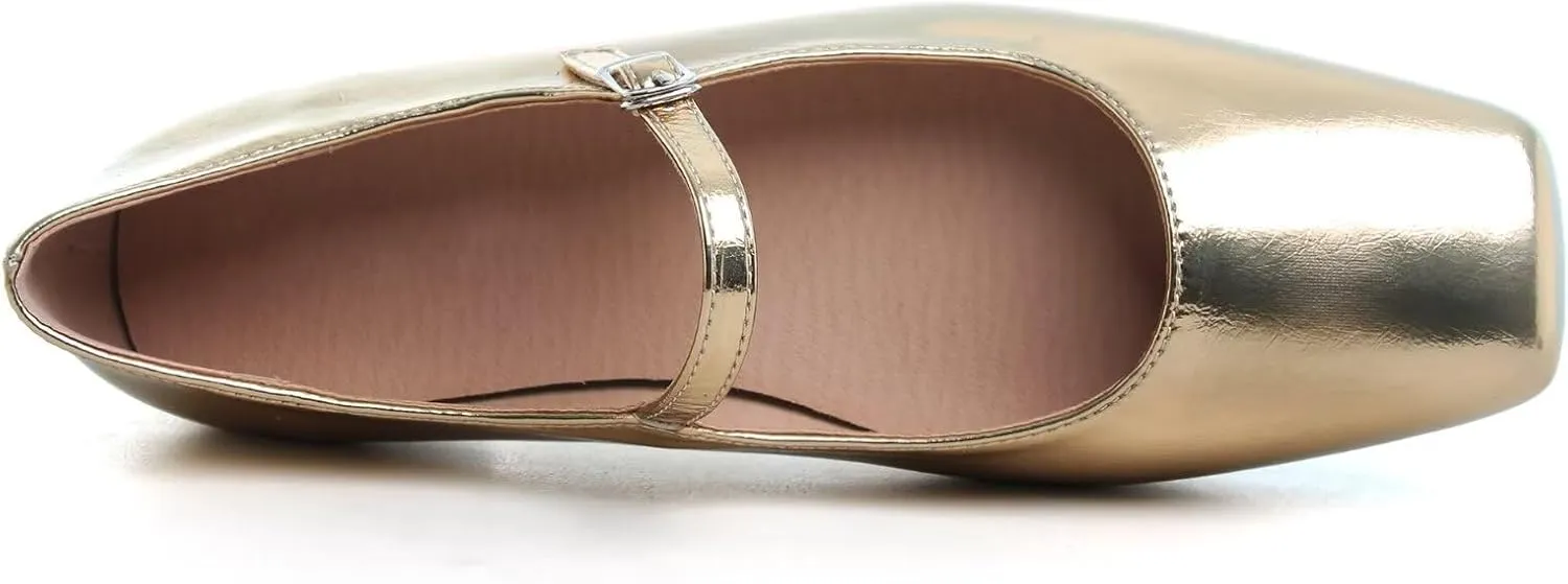 WENJIAZHIZHI Womens Squared Toe Mary Janes Adjustable Buckle Ballet Flats Solid Color Elegant Office Lady Low-Heels Wedding Dressy Shoes