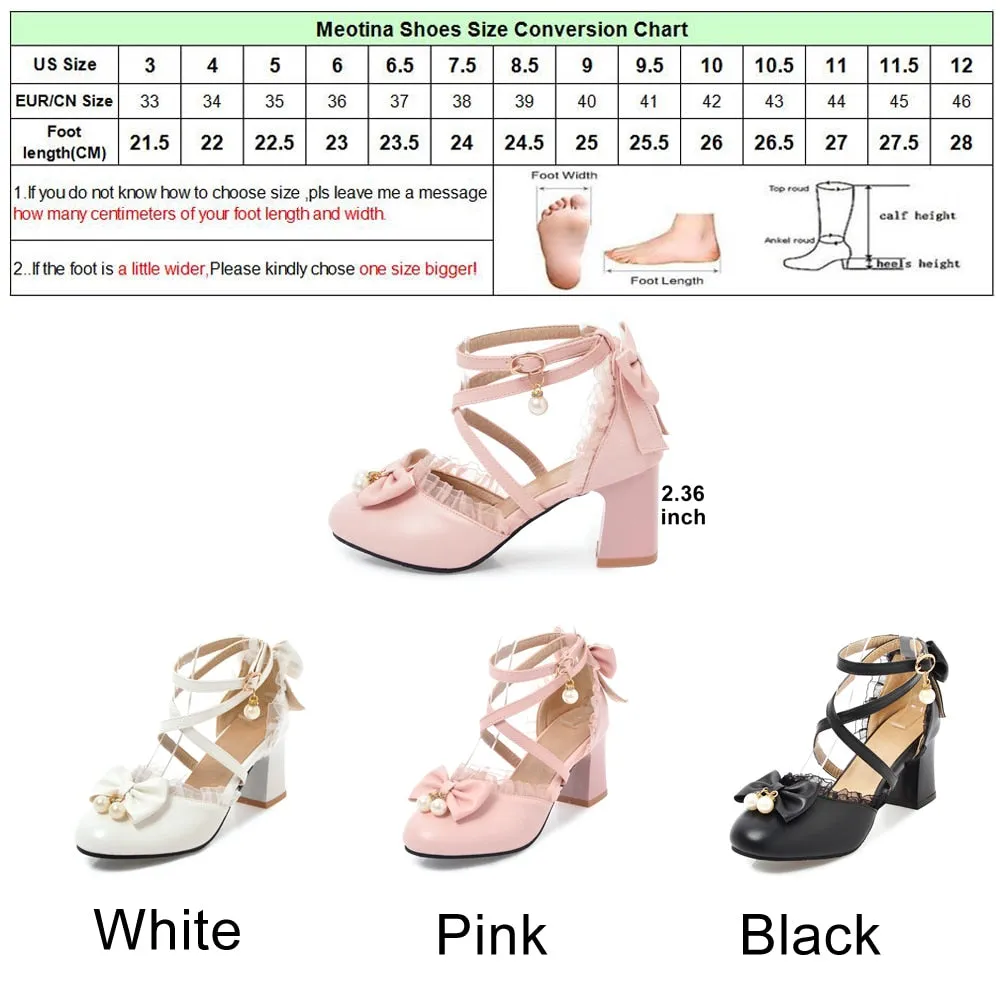 Women Lolita Shoes Ankle Strap Pumps Pearls Lace High Heels Party Shoes