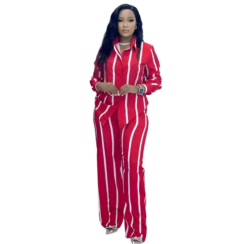Women's Elegant Striped Two-Piece Set - Lapel Shirt and Wide-Leg Pants with Elastic Waist, Stylish 2024 Autumn Outfit