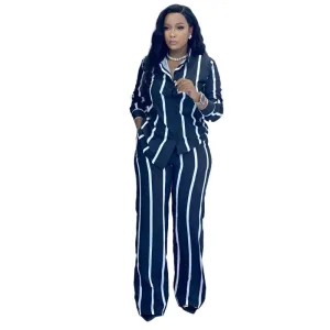 Women's Elegant Striped Two-Piece Set - Lapel Shirt and Wide-Leg Pants with Elastic Waist, Stylish 2024 Autumn Outfit