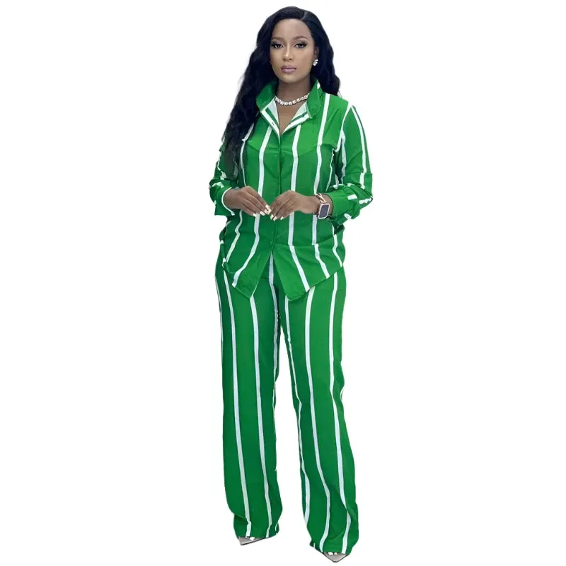Women's Elegant Striped Two-Piece Set - Lapel Shirt and Wide-Leg Pants with Elastic Waist, Stylish 2024 Autumn Outfit