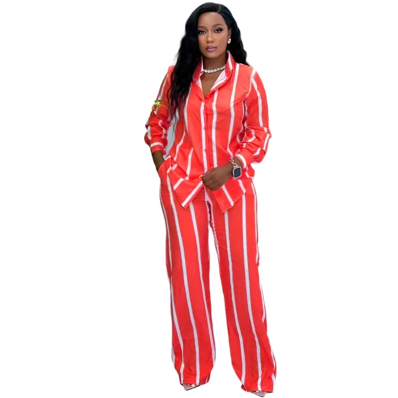 Women's Elegant Striped Two-Piece Set - Lapel Shirt and Wide-Leg Pants with Elastic Waist, Stylish 2024 Autumn Outfit
