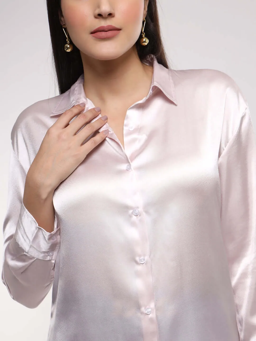 Women'S Premium Baby Pink Drop Shoulder Oversized Summer Satin Shirt