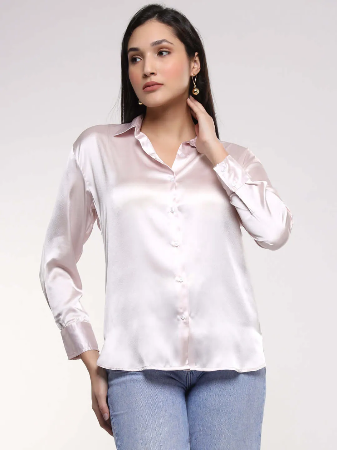 Women'S Premium Baby Pink Drop Shoulder Oversized Summer Satin Shirt