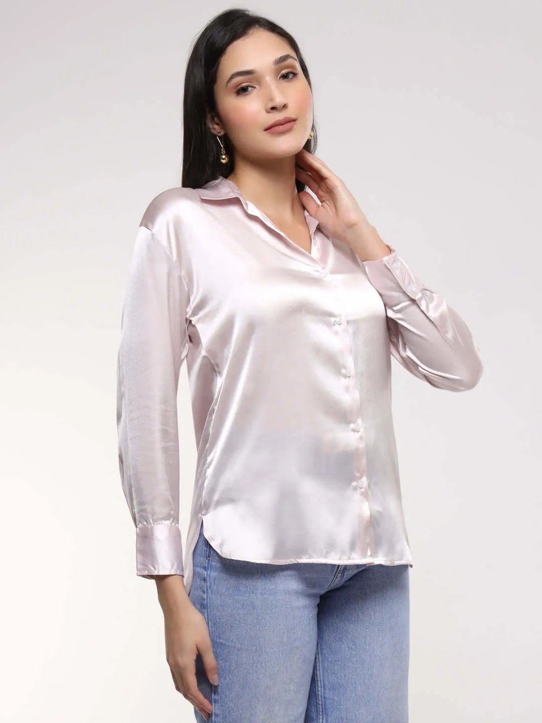 Women'S Premium Baby Pink Drop Shoulder Oversized Summer Satin Shirt