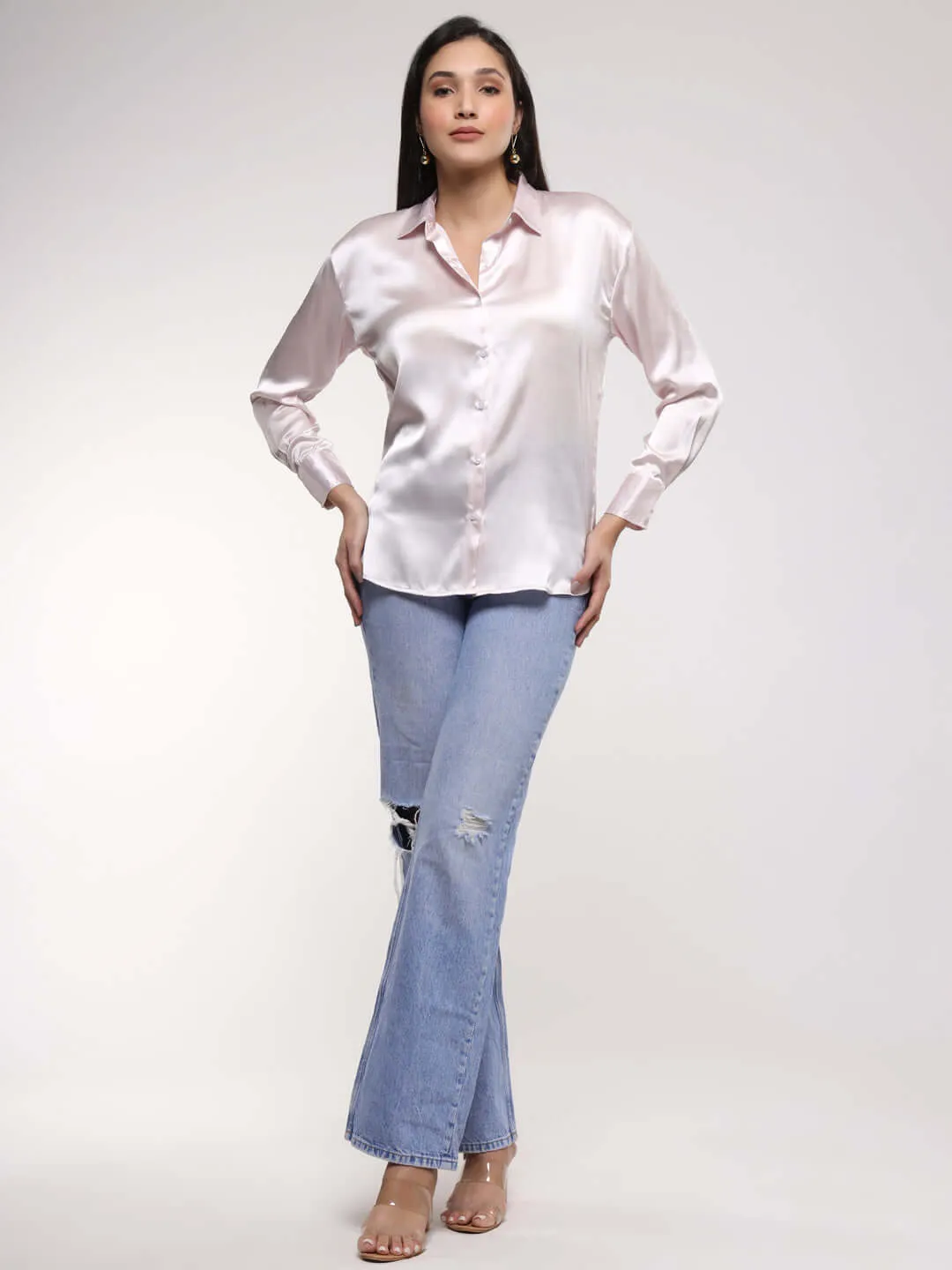 Women'S Premium Baby Pink Drop Shoulder Oversized Summer Satin Shirt