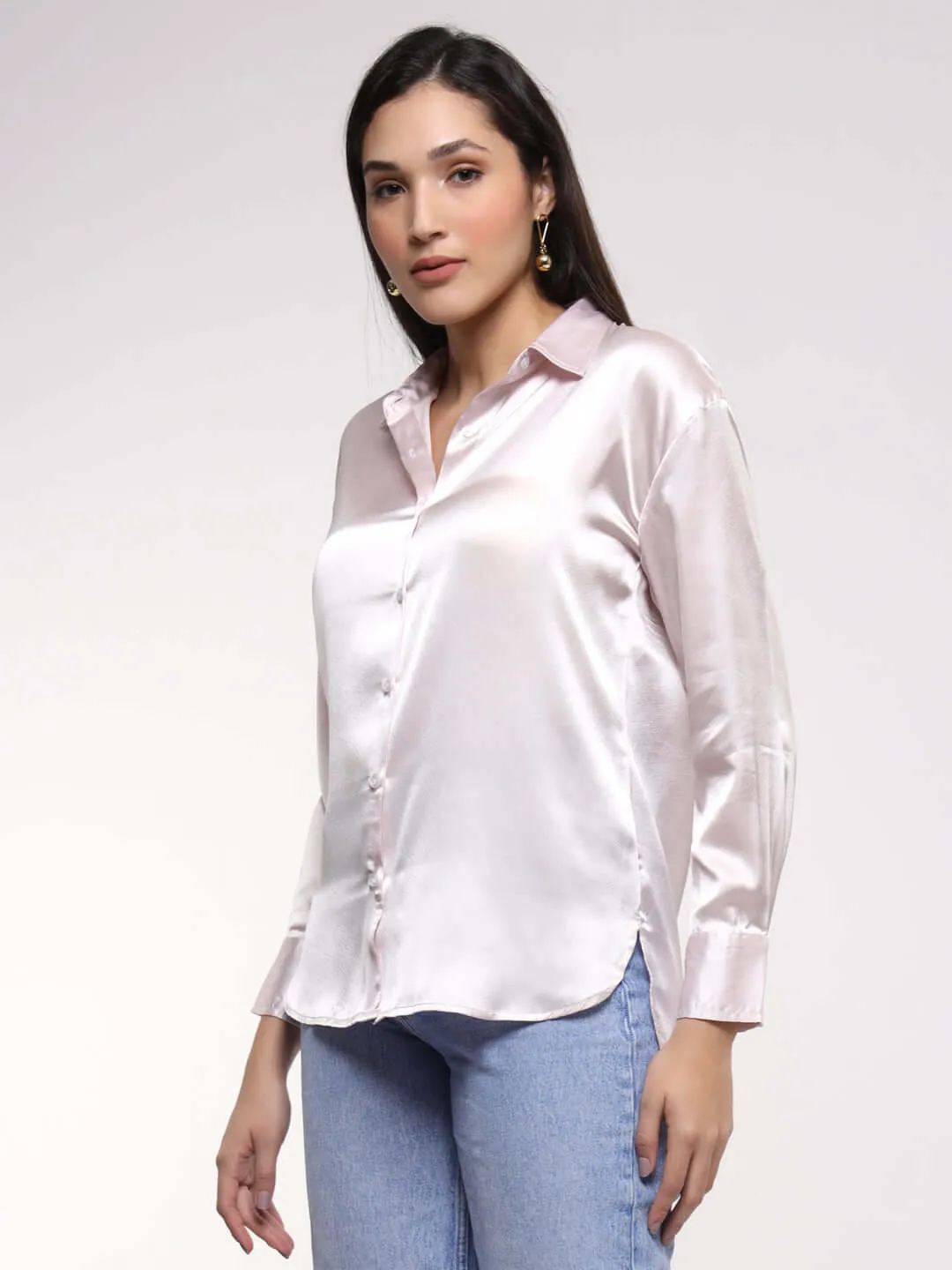 Women'S Premium Baby Pink Drop Shoulder Oversized Summer Satin Shirt