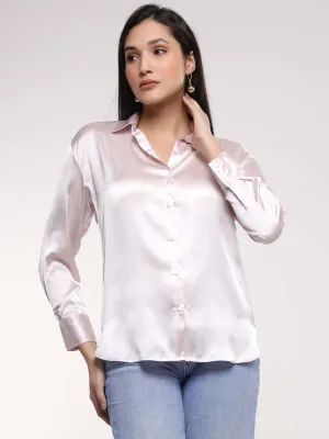 Women'S Premium Baby Pink Drop Shoulder Oversized Summer Satin Shirt