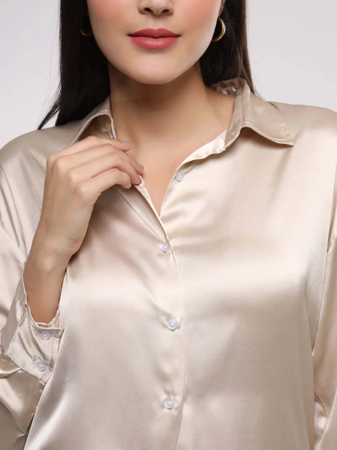 Women'S Premium  Champagne Drop Shoulder Oversized Summer Satin Shirt