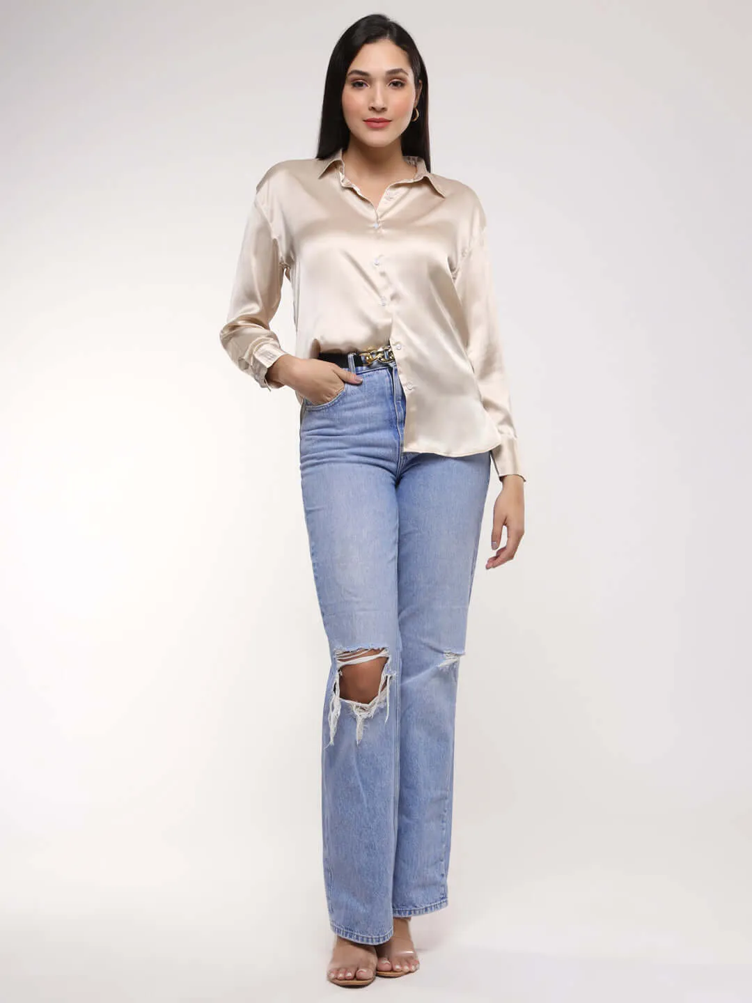 Women'S Premium  Champagne Drop Shoulder Oversized Summer Satin Shirt