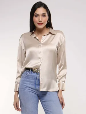 Women'S Premium  Champagne Drop Shoulder Oversized Summer Satin Shirt