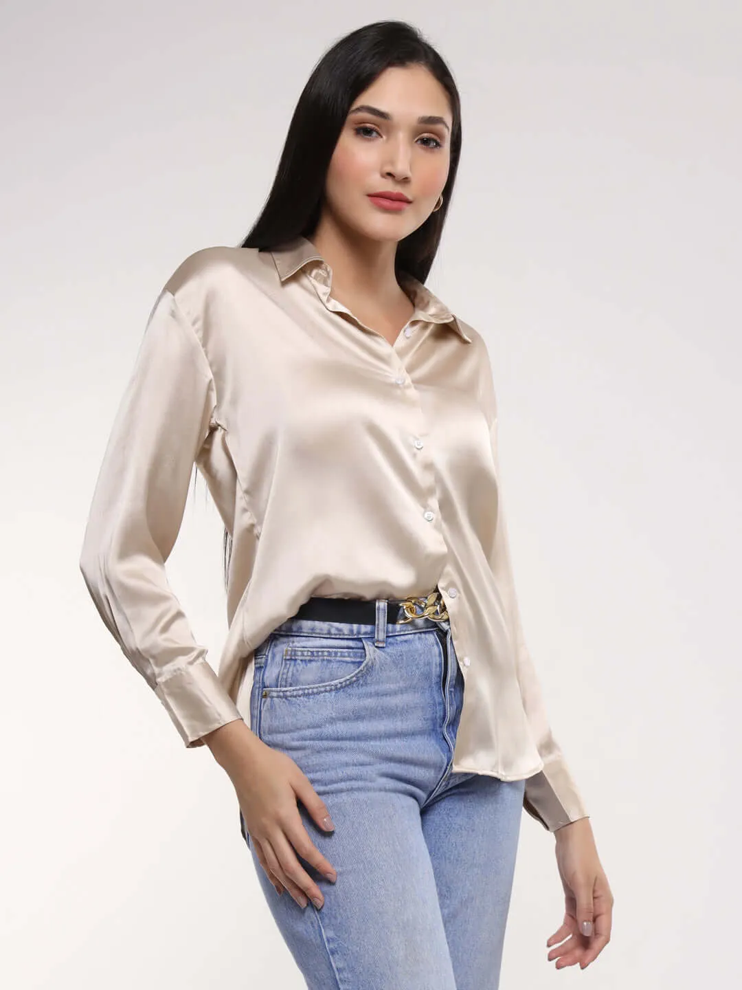 Women'S Premium  Champagne Drop Shoulder Oversized Summer Satin Shirt