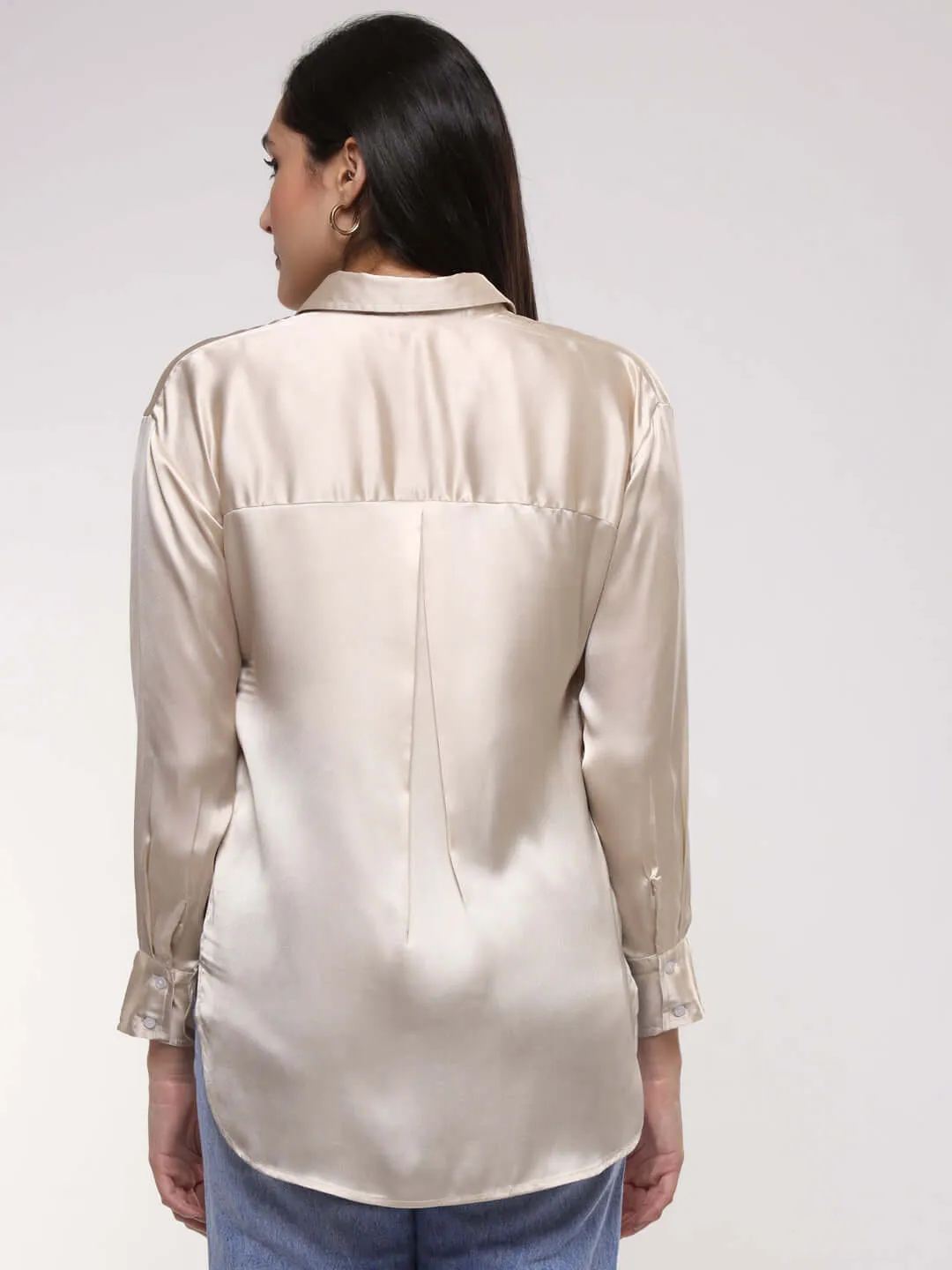Women'S Premium  Champagne Drop Shoulder Oversized Summer Satin Shirt