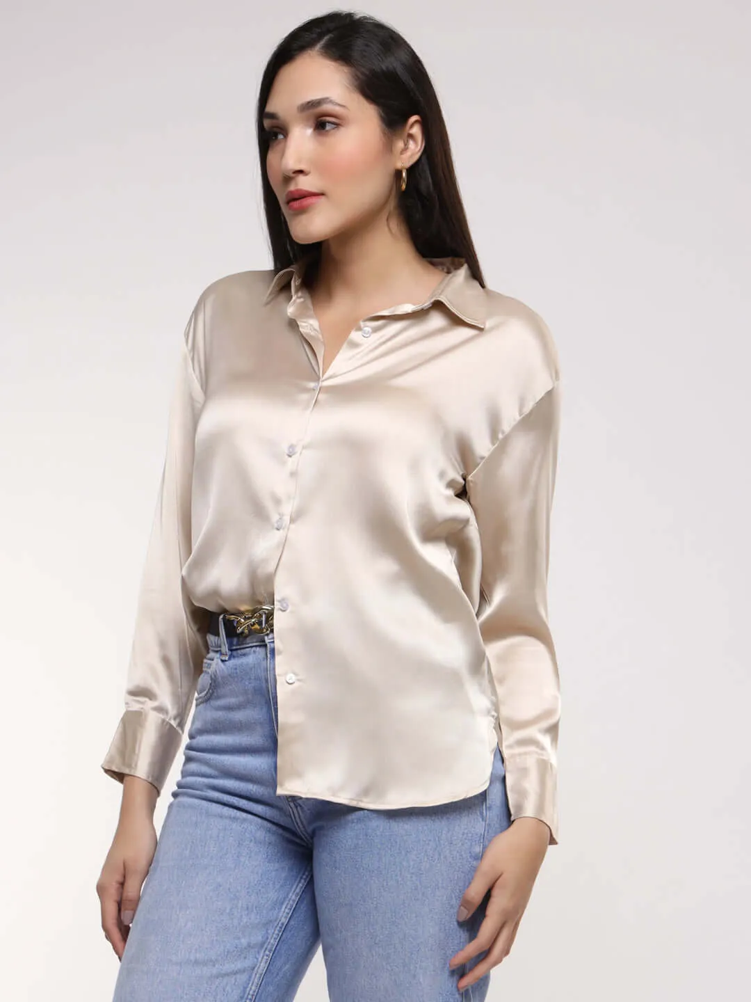 Women'S Premium  Champagne Drop Shoulder Oversized Summer Satin Shirt
