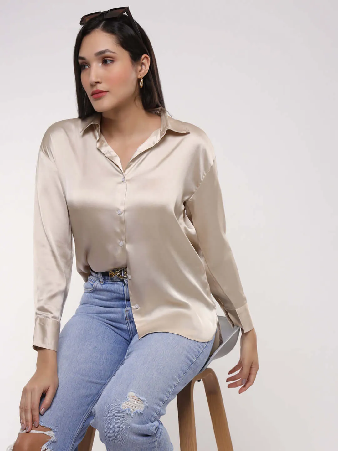 Women'S Premium  Champagne Drop Shoulder Oversized Summer Satin Shirt